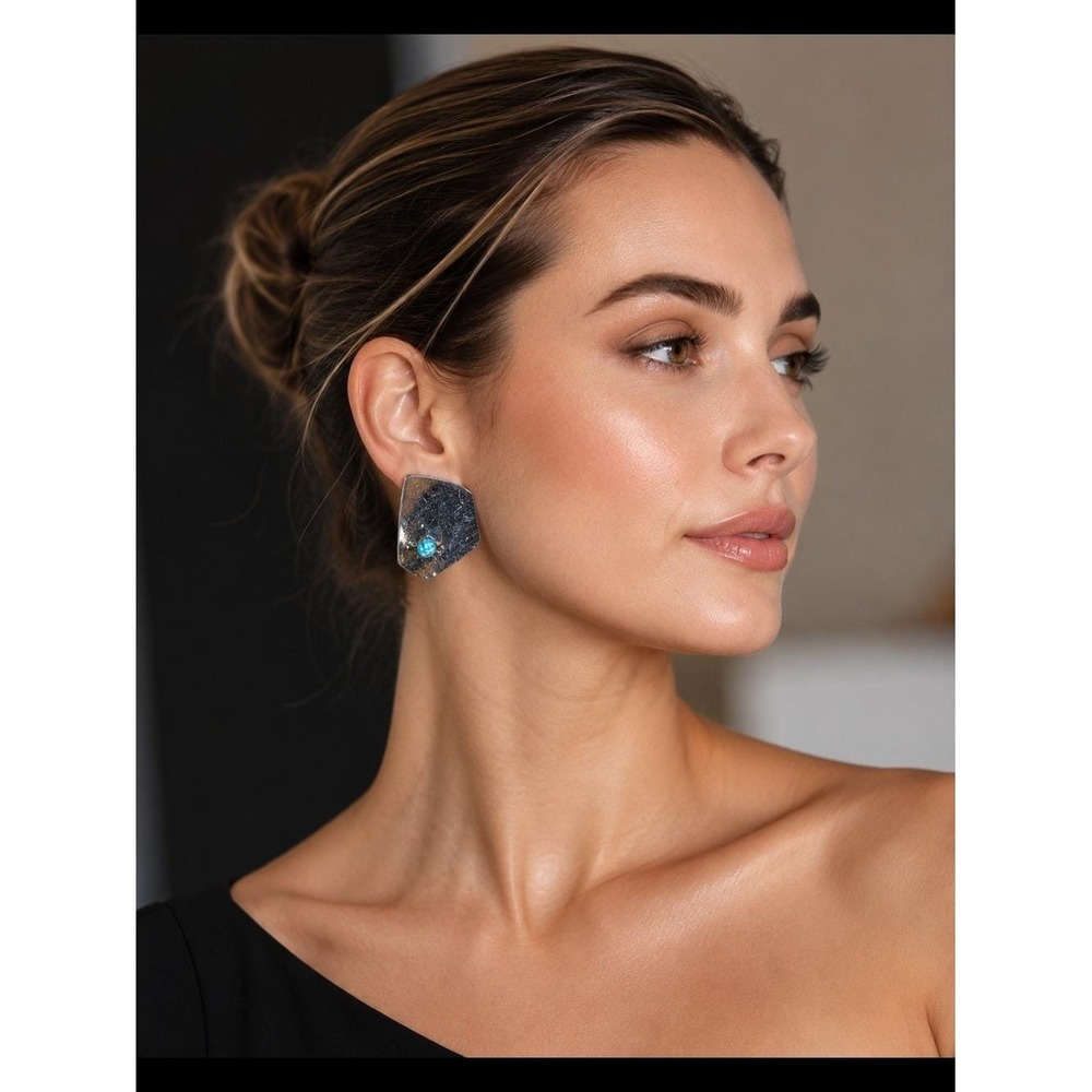Vintage Modernist Turquoise Stud Earrings Large Geometric Silver Tone Statement
